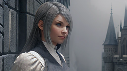 Gray mouse girl ,  plain in strict clothes.  Expressionless eyes ,  grey hair , simple clothes art 3d around gray fog against the gray walls of the castle around floating graphics numbers digital background from graphs 