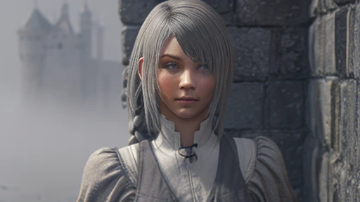 Gray mouse girl ,  plain in strict clothes.  Expressionless eyes ,  grey hair , simple clothes art 3d around gray fog against the gray walls of the castle around floating graphics numbers background digital 