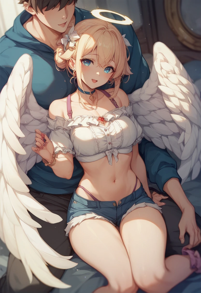 masterpiece, highest quality, Very detailed, 16k, Ultra-high resolution, Cowboy Shot, ***************, Detailed face, Perfect Fingers, Angel halo on head, Golden Eyes, blonde, short hair, Thin and light clothing, Angel wings growing on your back, Thin camisole, White lace panties, Above the Clouds, temple, bed, Lying on your back