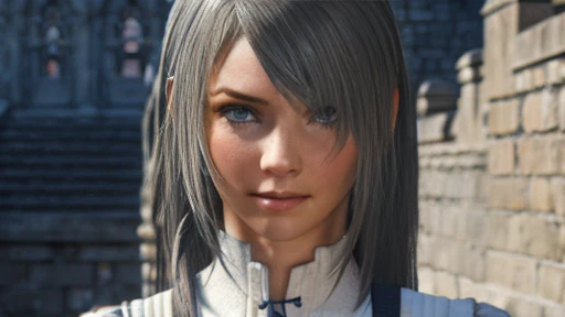 A girl with expressive eyes with a beautiful face, Detailed face,  plain in strict clothes.  Expressionless eyes ,  grey hair , simple clothes art 3d around gray fog against the gray walls of the castle around floating graphics numbers background digital 