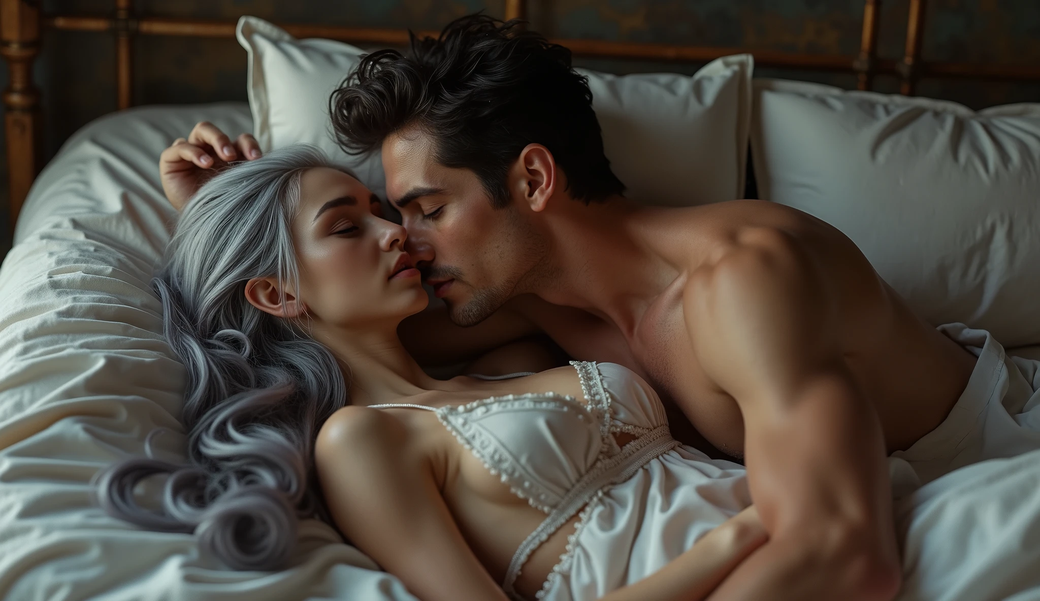A couple is kissing passionately in bed, both shirtless but covered by white sheets. The woman has long pink hair and the man has a lean muscular frame and neck length messy black hair. They are in a medieva room. Romantic setting.