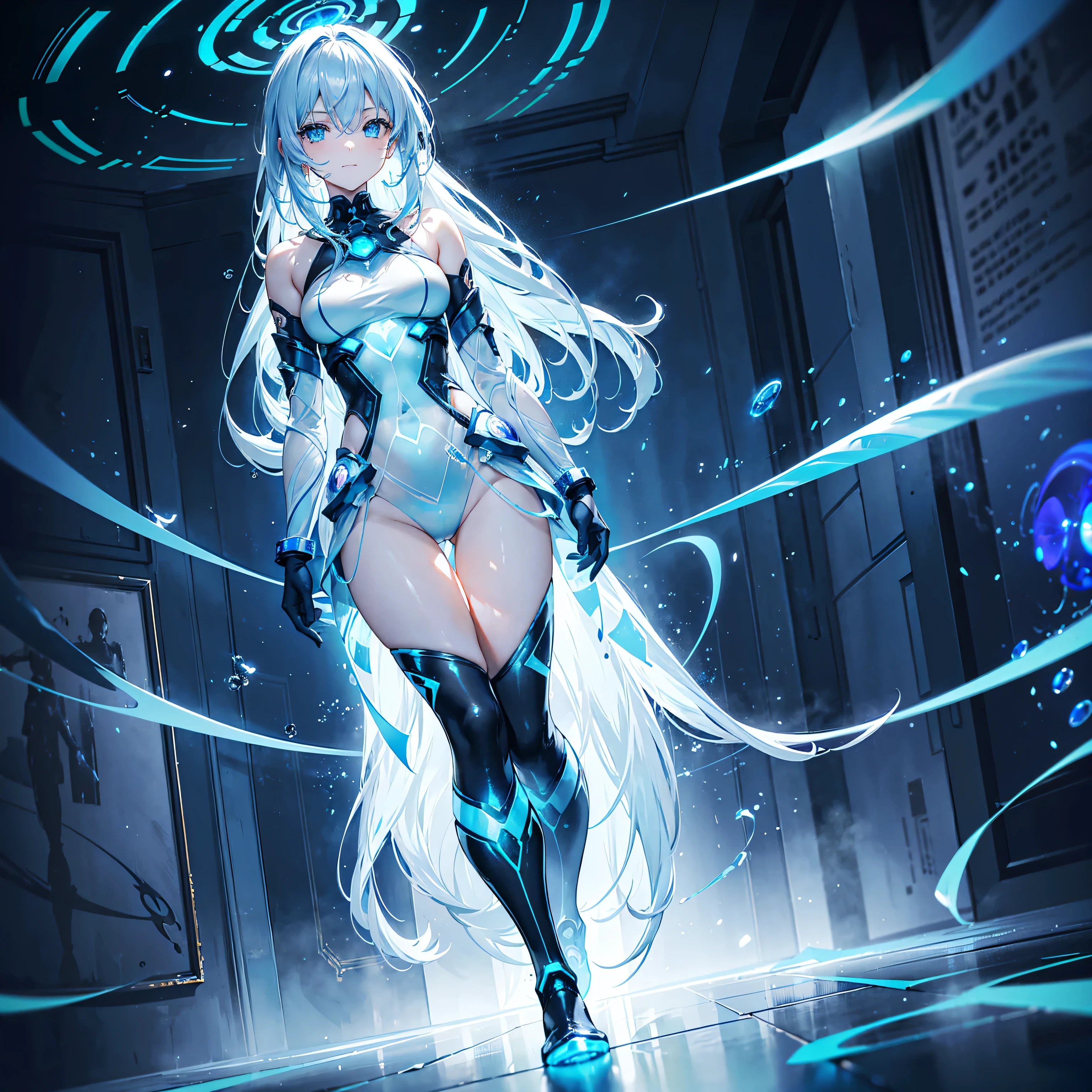 8K, Highest quality, (real:1.4), Original photo, 1 girl, Asari Hair, Biological Amplifier, Very sleek and futuristic armor, posture: Peace talks between warring factions,,attention arousal, smart blue eyes,A modest smile,Knee-high boots,Patent-look blue tights,Blue big moon and blue light swirl in the background,Blue light from behind,blue light magic,A small, glowing blue ball in the palm of your hand,Blue flame swirl,Blue Comet,Polished floor,