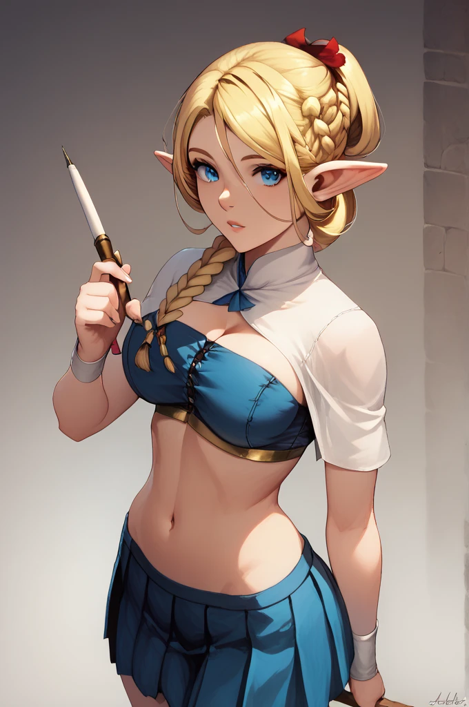 Marcille,large breasts, pointed ears,(masterpiece,  best quality:1.2), (  beautiful eyes , Details, Beautiful and delicate face ),  cowboy shooting alone,   blonde ponytail with single braids ,  split bangs , amount,  blue eyes,  smiles, ( white tube top, black low rise pleated miniskirt), belly button, between legs, thigh,  Fantasy Backgrounds 