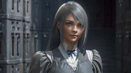 A girl with expressive eyes with a beautiful face, Detailed face, plain in formal clothes dressed in gray clothes ,  visible chest, body, legs .  Expressionless eyes ,  grey hair ,  simple clothes art 3d around gray fog against the gray walls of the castle around floating graphics numbers full-length digital background