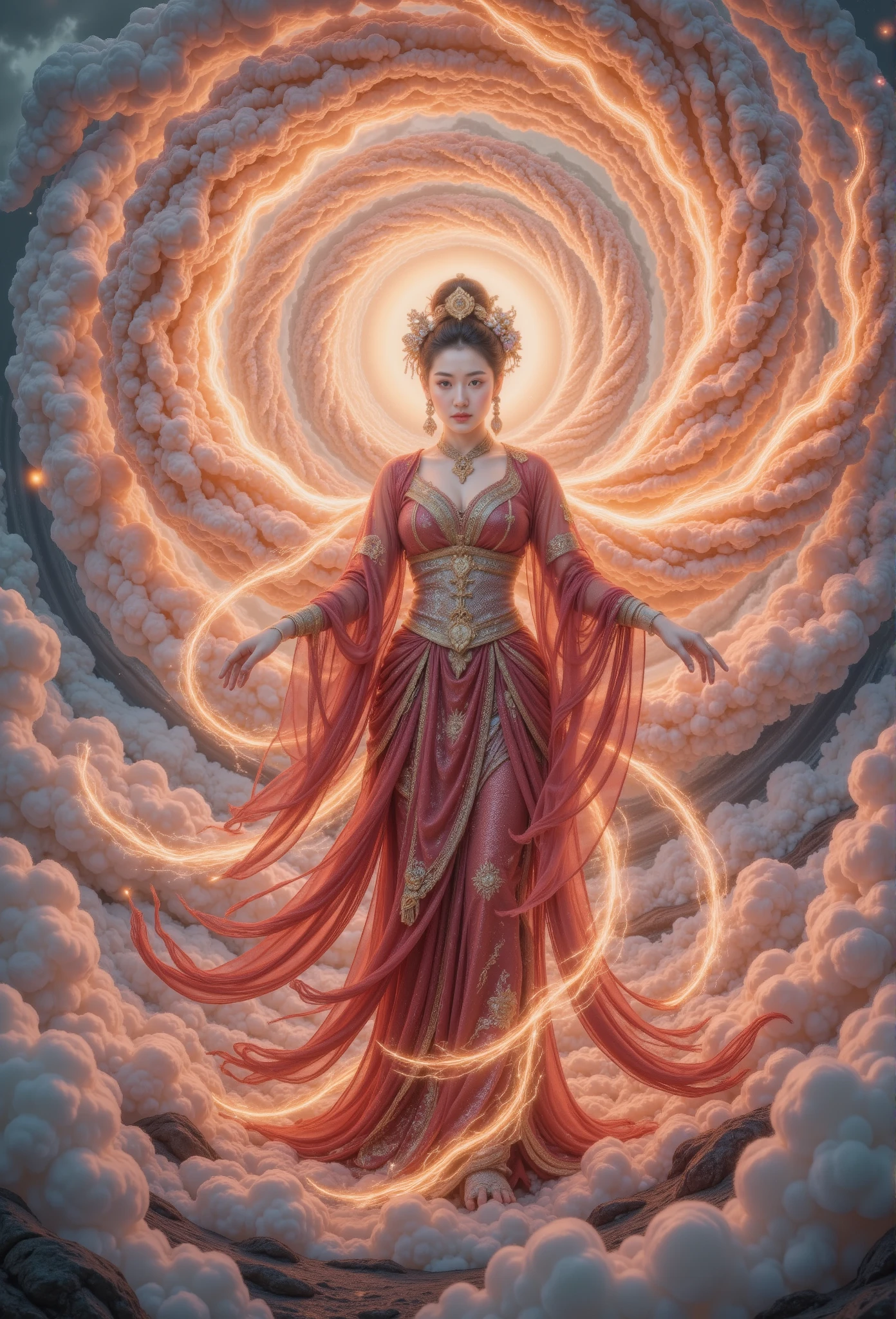 one lady， twilight ，Spiral Cloud，back，(Hyper-Reality:1.4)，Phoenix，Chinese，Chinese Mythology，Firebird，cough ，ferocious，Huge，Red eyes，Covered by flames ，Clouds and mist， scene is ， full body portrait， 高度细致的Hyper-Reality视觉特效，oc rendering， - AR 16: 9 --q 2 --s 1000 