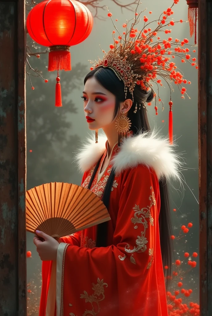 Seen from the window， in a Chinese red opera costume、A painting of a woman wearing a crown ,  Chinese horror，Cloud shoulder tassel，Female performer ，Zigzoku，Folding fan，The scary Chinese Yuan Festival，Halloween， An old, dilapidated red lantern ，Body movements，Motion blur remnants，Will-O-Wisp