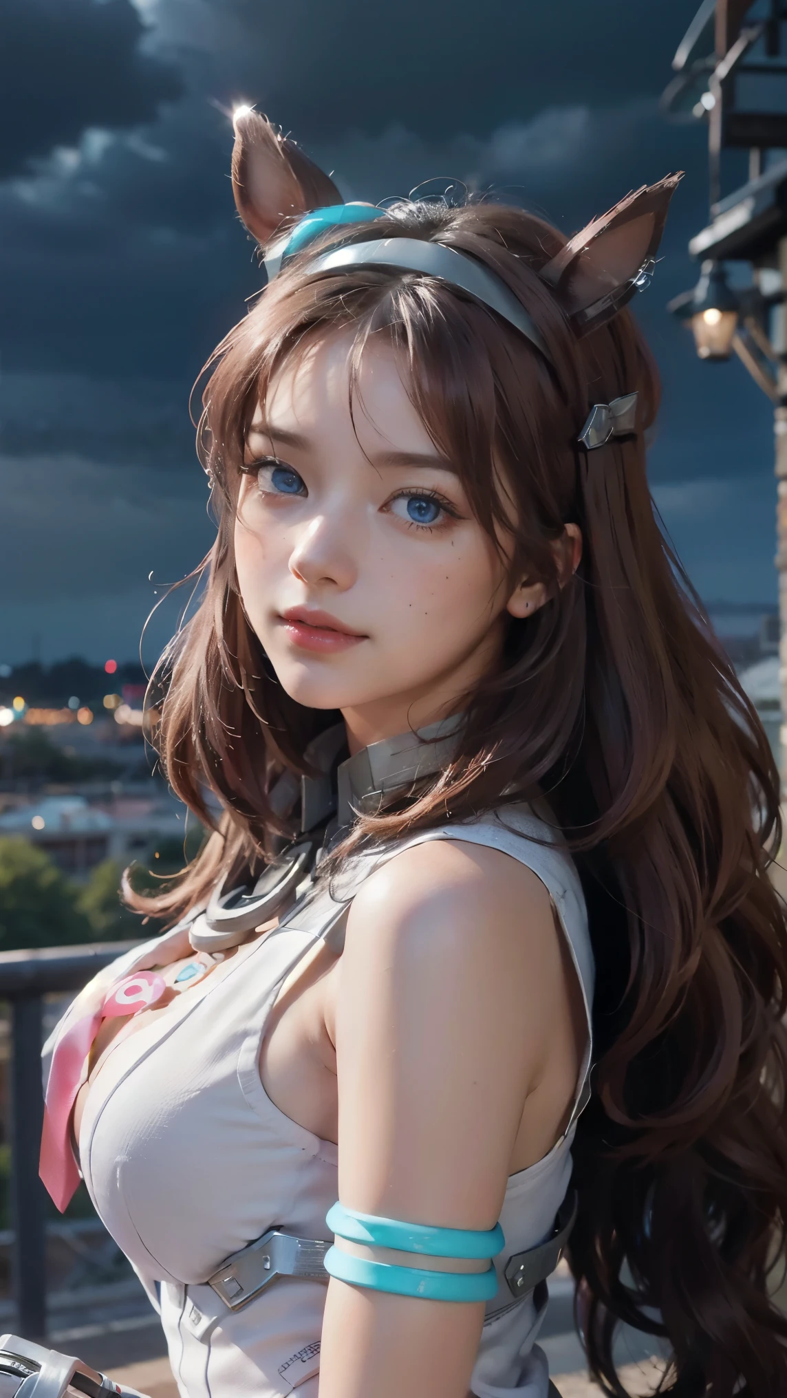 Mihono bourbon,(best qualityer,4K,8k,high resolution,work of art:1.2)(weather: cloudy), Mondstadt city background, horse racetrack, freckles, white sleeveless leotard, gray micro skirt, thigh high boots, pink necktie, white elbow lobg gloves, horse ears, horse tail, white bracelets, mechanical armor, white waist mechanical wheels, headband, long wavy hair, brown hair, ultra detailed, realistic,portraite,beautiful detailed blue eyes, glowing eyes,blush,beautiful detailed lips,extremely detailed eye and face, long eyelashes,sexly,average, large breasts,beaming smile, flirty smile,powerful girl, flexing pose, stunning curves,bright coloured,dramatic lighting,