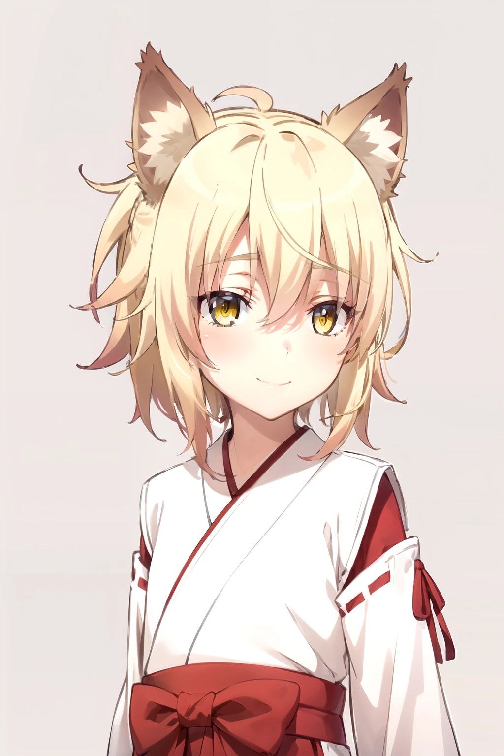  masterpiece ,  Best Quality , 1 girl, feel, blonde hair,  short hair, collect,  yellow eyes,  Fox ears ,  Japanese clothing , red as well, Monkey,  looking at the viewer ,  upper body, smile, Alone, ( simple background , solid gray background )