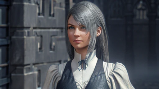 A girl with expressive eyes with a beautiful face, Detailed face, plain in formal clothes dressed in gray clothes ,  visible chest, body, legs.  Expressionless eyes ,  grey hair ,  simple clothes art 3d around gray fog against the gray walls of the castle around floating graphics numbers full-length digital background