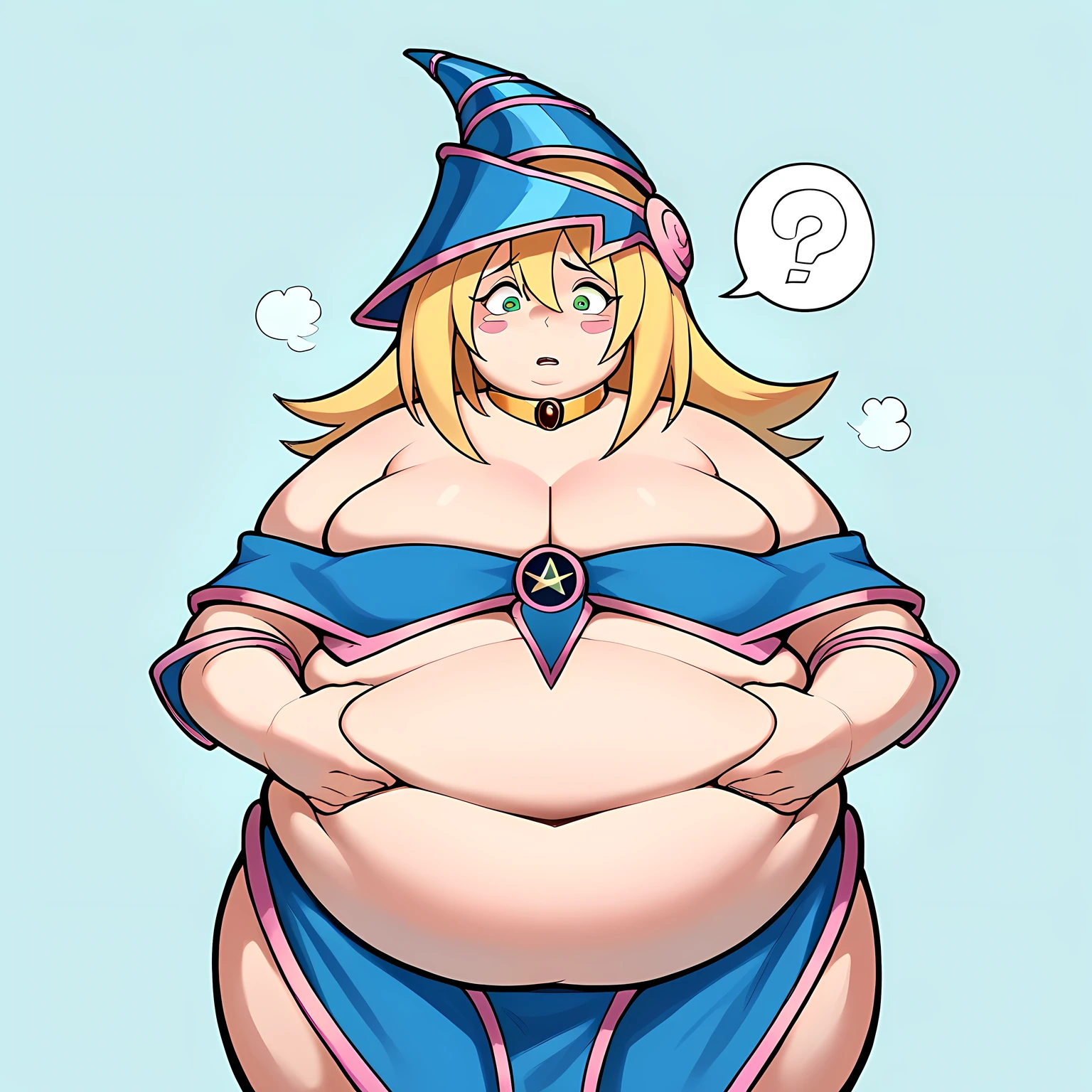 score_9, score_8_up, score_7_up, source_anime,
darkmagiciangirl, dark magician girl, blonde hair, choker, green eyes, long hair, blush, blush stickers,
bare shoulders, blue footwear, blush, blush stickers, cleavage, collarbone, duel monster, hat, off shoulder, pentacle, wizard hat,
scared, fog,
looking at viewer, cowboy shot, dutch angle, solo, ,fat, chubby, obese, open mouth, out of breath, absurdres, highres icon, rating:General, confused, blush, spoken question mark, {flustered}, nervous sweating, portrait, pov hands, hand on another's belly, averting eyes, [looking away], straight-on, from below, swollen face, bulging belly
