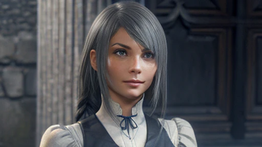 A girl with expressive eyes with a beautiful face, Detailed face, plain in formal clothes dressed in gray clothes ,  visible chest, body, legs .  Expressionless eyes ,  grey hair ,  simple clothes art 3d around gray fog against the gray walls of the castle around floating graphics numbers full-length digital background