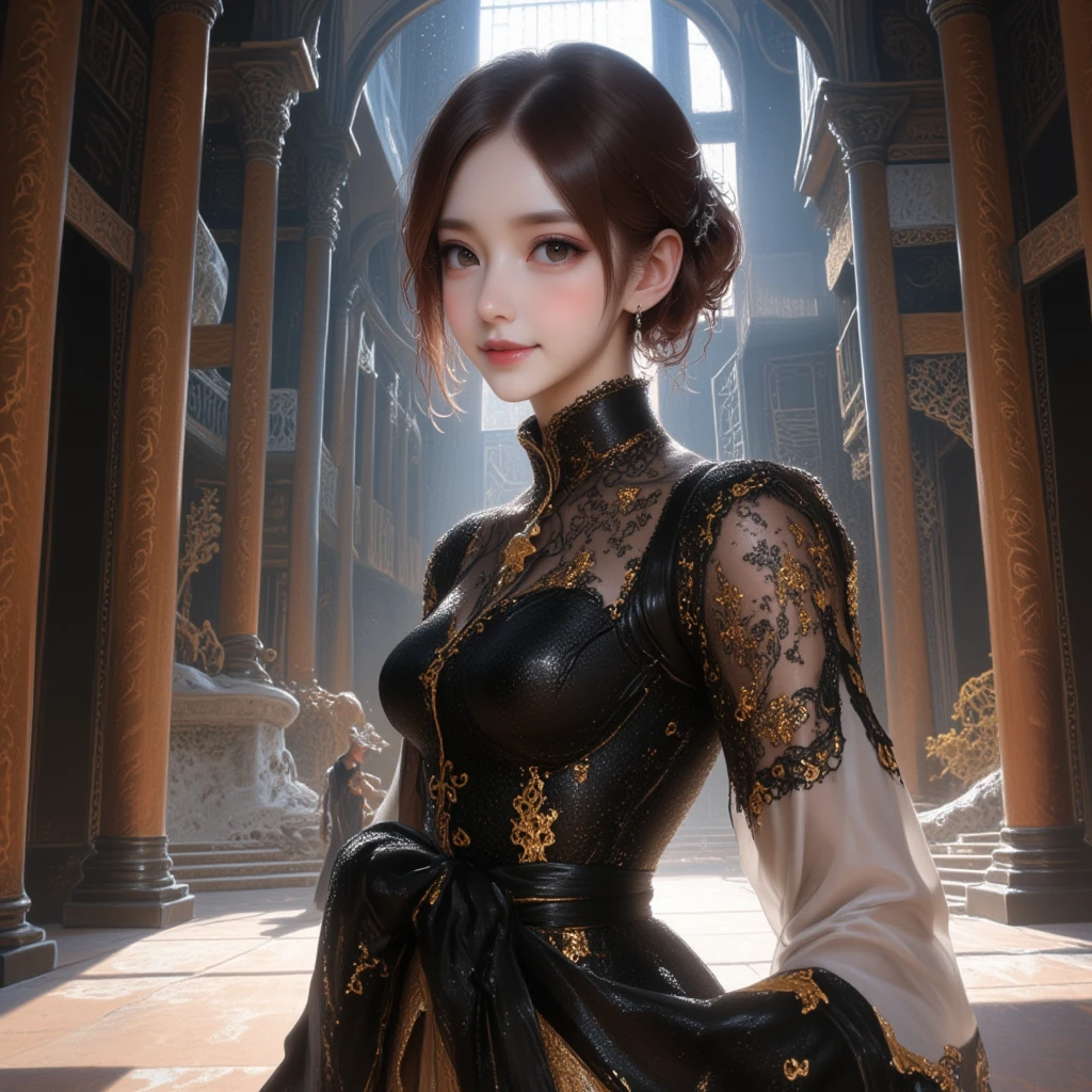 An atmospheric painting of a grand palace interior with a large hall featuring rows of majestic columns and intricate staircases in the background. In the foreground, an East Asian woman stands facing the viewer directly, her face clearly visible with a warm smile. She is wearing an elegant black gown embroidered with gold patterns, exuding sophistication and grace. The scene is illuminated by soft, natural light streaming through high windows, highlighting the grandeur of the palace and the intricate details of her dress.