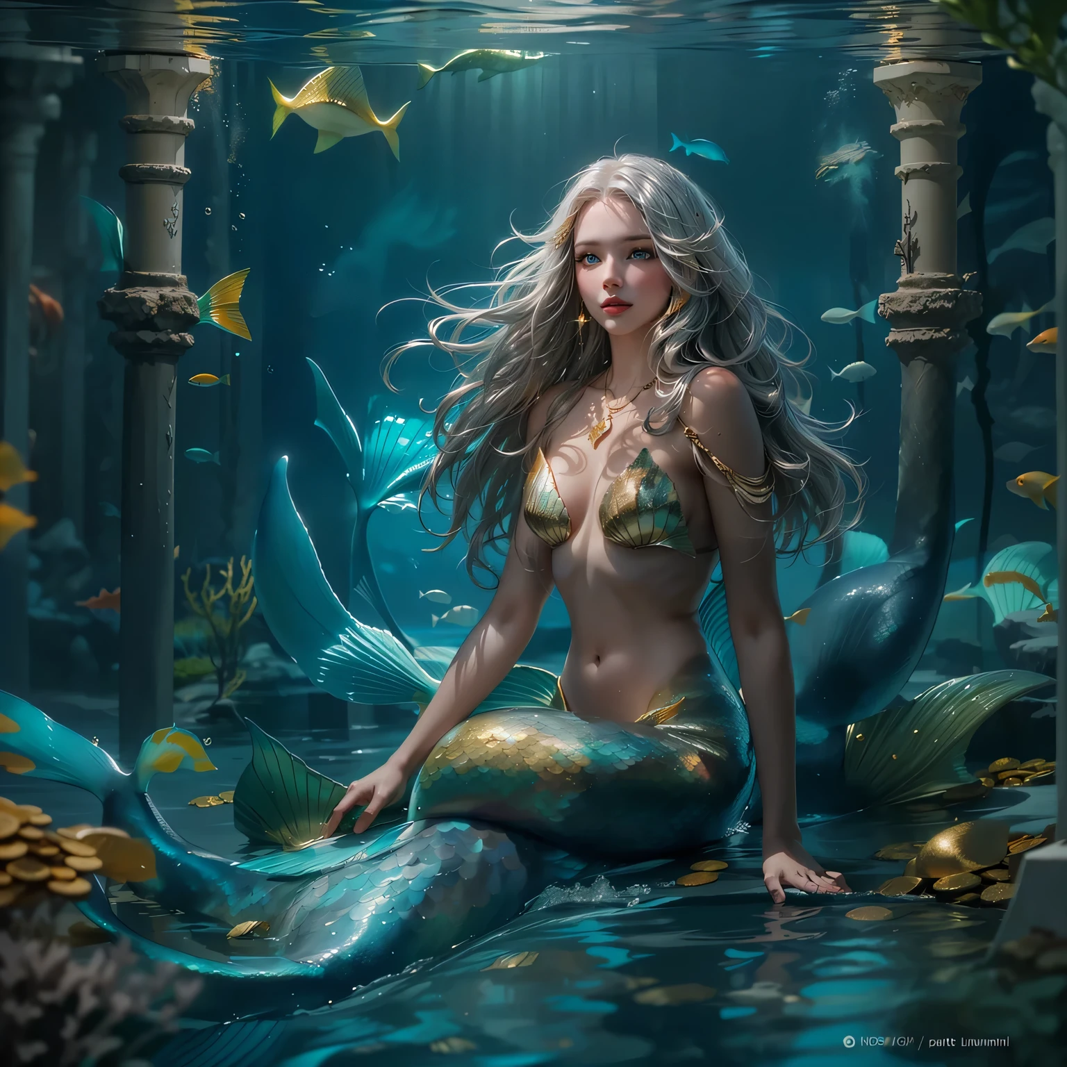 (number々Award-winning masterpieces of, with incredible detail, textures and maximum detail), Beautiful scales、Blue eyes、(full-body view:1.5), (Hyper realistic:1.4), (Realistic:1.3), (Top quality real texture skins), (((in water))), (Deep sea:1.5), (Fine perfectly symmetrical eyes), finerly detailed face, ((medieval world)), (full-body view:1.5), ((mermaid)), ((Mermaid Princess)), ((Mermaid aristocracy)), (Brighten and burn your eyes like ice), (She has a mischievous smile on her face), reefs, Shining majestic water and light, (Beautiful eyes:1.5), (full-body view:1.5), (Swirling water flow and background flow), (Dramatic light), (A majestic sight), (Her countenance is gentle and beautiful), Glass earrings on the ears, (dramatic photography:1.4), ((dramatic pose)), (flamboyant photo), (Golden hair), (full-body view:1.5), ((Looking down)), (Around her neck is a simple necklace of exquisite workmanship), (Bioluminescence with brilliant brilliance:1.3), (Use fancy hydromagic:1.2), (Beautiful fish in the surroundings), (full-body view:1.5), Epic Realistic, Faded, Art Book, (Greg Rutkowski:0.8), (teal and orange:0.4), (Art Station:1.5), Cinematic, ((Neutral colors)), (nffsw:1.5), (Muted colors:1.2), Hyper Detailed, Dramatic light, (Intricate details:1.1), Complex background,
