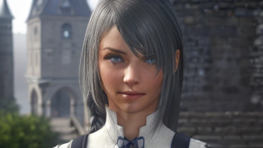 A girl with expressive eyes with a beautiful face, Detailed face, plain in formal clothes dressed in gray clothes ,  visible chest, body, legs .  Expressionless eyes ,  grey hair ,  simple clothes art 3d around gray fog against the gray walls of the castle around floating graphics numbers full-length digital background