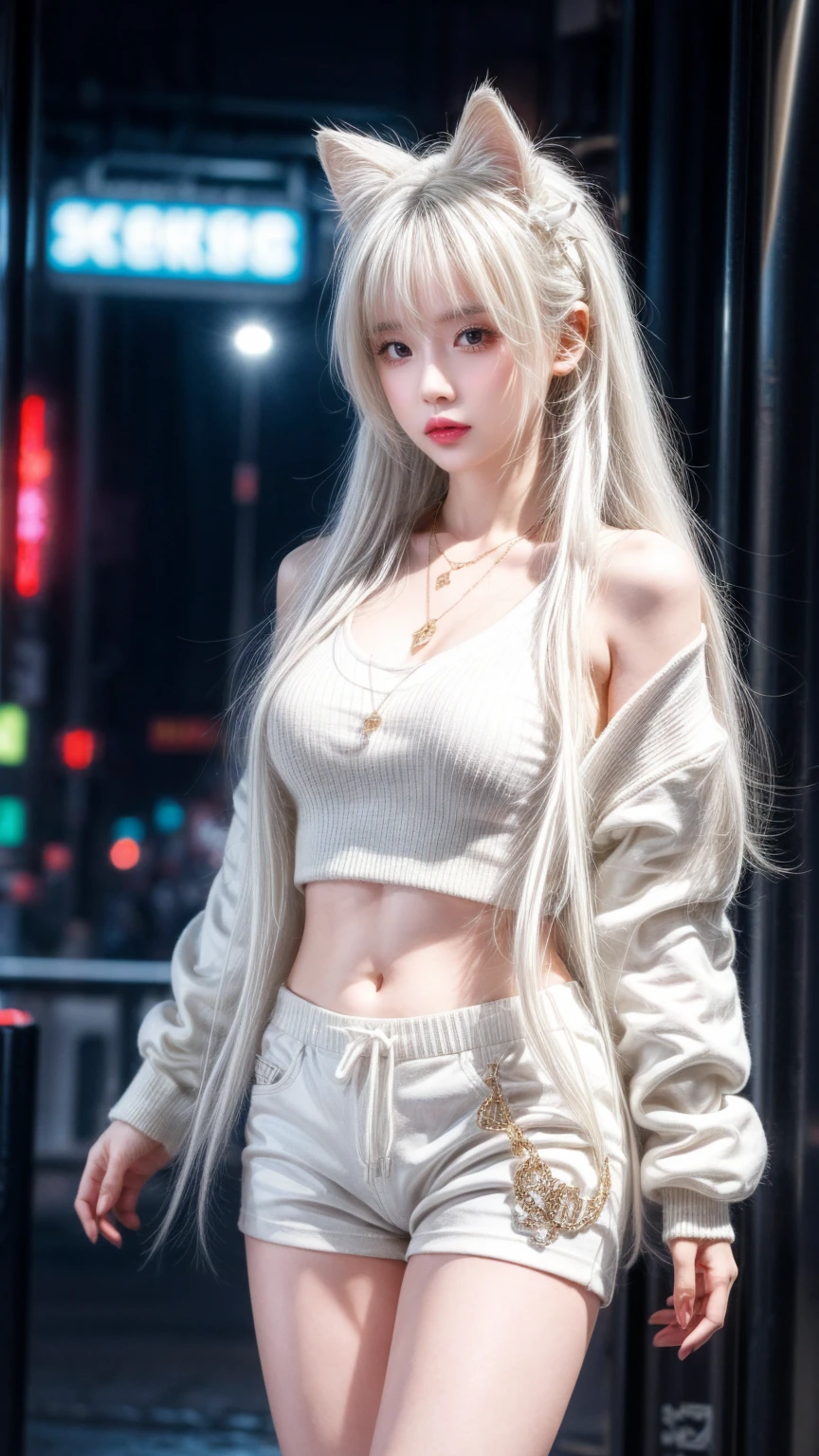 a blond woman. wearing a fitted sleeveless turtleneck crop top. And White stockings Necklace. Earrings. Red lips. Sexy gaze. On a rainy night in the street.