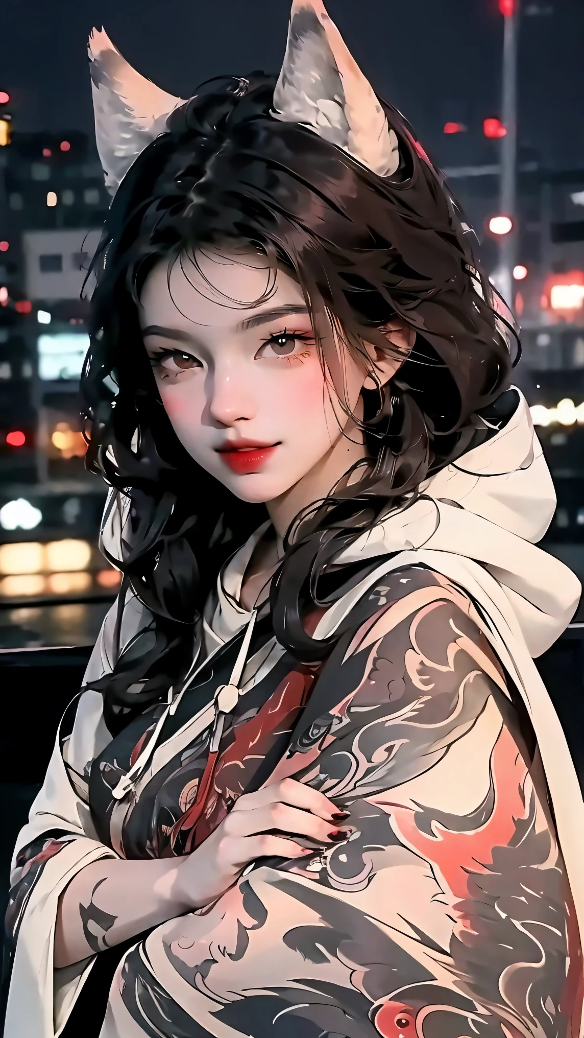 A beautiful girl with glowing red eyes, brunette hair, wearing a black hoodie, with wolf ears and a wolf tail, standing in a rainy city background with a heavy atmosphere, closeup view, white-colored skin, tattooed with detailed intricate designs