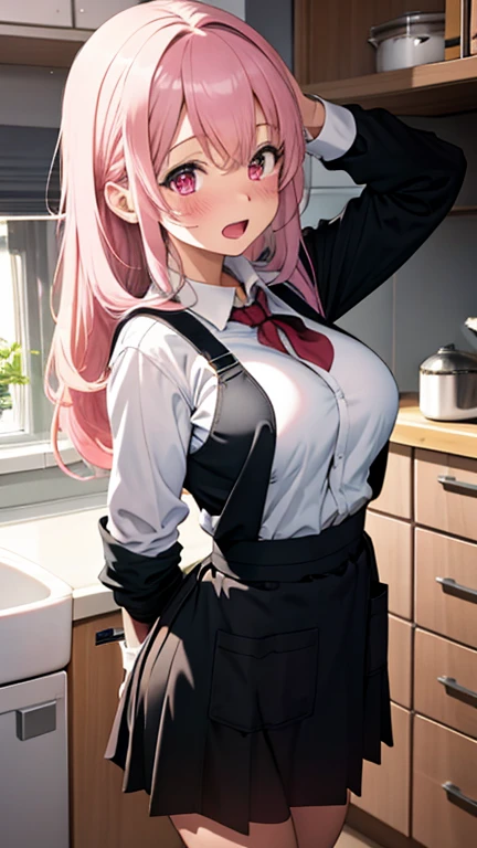 masterpiece、highest quality、Very detailed、Photograph the upper body、1 female、(Put your arms behind your back:1.2)、Are standing、Turn your body forward、View your viewers、(Cooking apron)、break,blush、shy、Pink Hair、Open your mouth、Japanese Restaurant、Big Breasts、