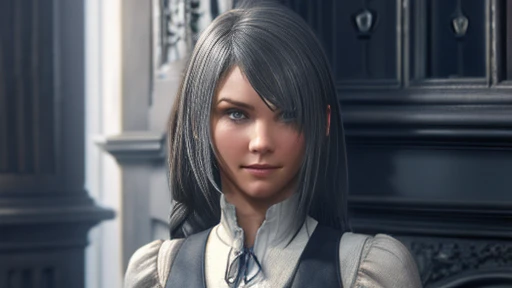 A girl with expressive eyes with a beautiful face, Detailed face, plain in formal clothes dressed in gray clothes ,  visible chest, body, legs .  Expressionless eyes ,  grey hair ,  simple clothes art 3d around gray fog against the gray walls of the castle around floating graphics numbers full-length digital background