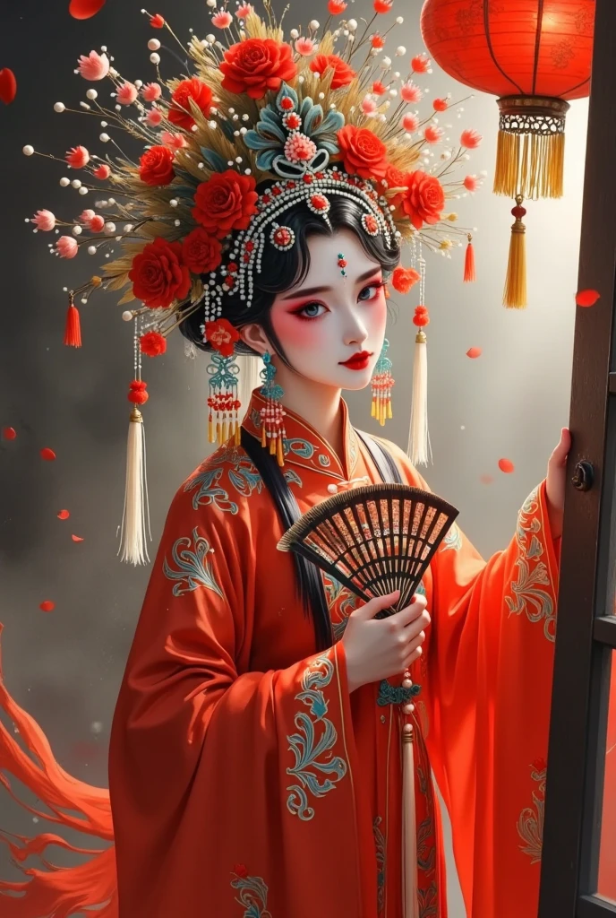 Seen from the window， in a Chinese red opera costume、Beautiful flower demon wearing a crown,  Chinese horror，tassel，Female performer ，Zigzoku，Folding fan，The scary Chinese Yuan Festival，Halloween，old and dilapidated red lantern，Body movements，Motion blur remnants，Will-O-Wisp