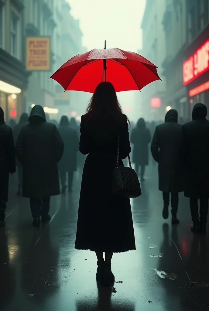 A digital painting with elements of photo manipulation, inspired by the styles of Zdzisław Beksiński and Edward Hopper. A lone woman, silhouetted against a vibrant red umbrella, stands under it amidst a blurred crowd of anonymous figures in a somber, rainy street scene. The woman's isolation and mystery are conveyed through the motion blur effect on the background figures, the rain-slicked street texture, the dark and moody lighting, and the high contrast. The monochromatic palette with a striking red umbrella as the focal point.