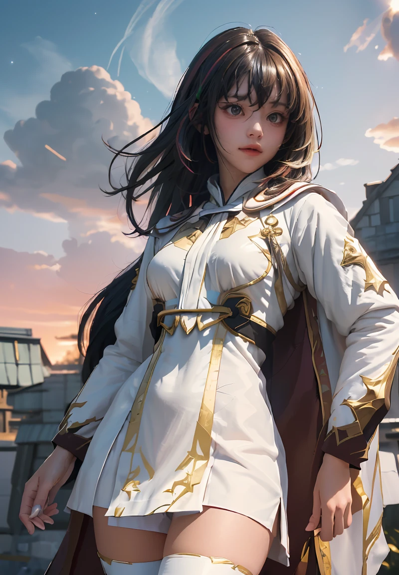 ((masterpiece, best quality, extremely detailed), volumetric lighting, ambient occlusion, colorful, glowing), 1girl, solo, young girl, (dark hair), long hair, ranger suit, hunter class dnd, cloak, (white outfit with gold detailst:1.3), armor, outdoors, sunset, sky, clouds, space, (fantasy theme:1.2),