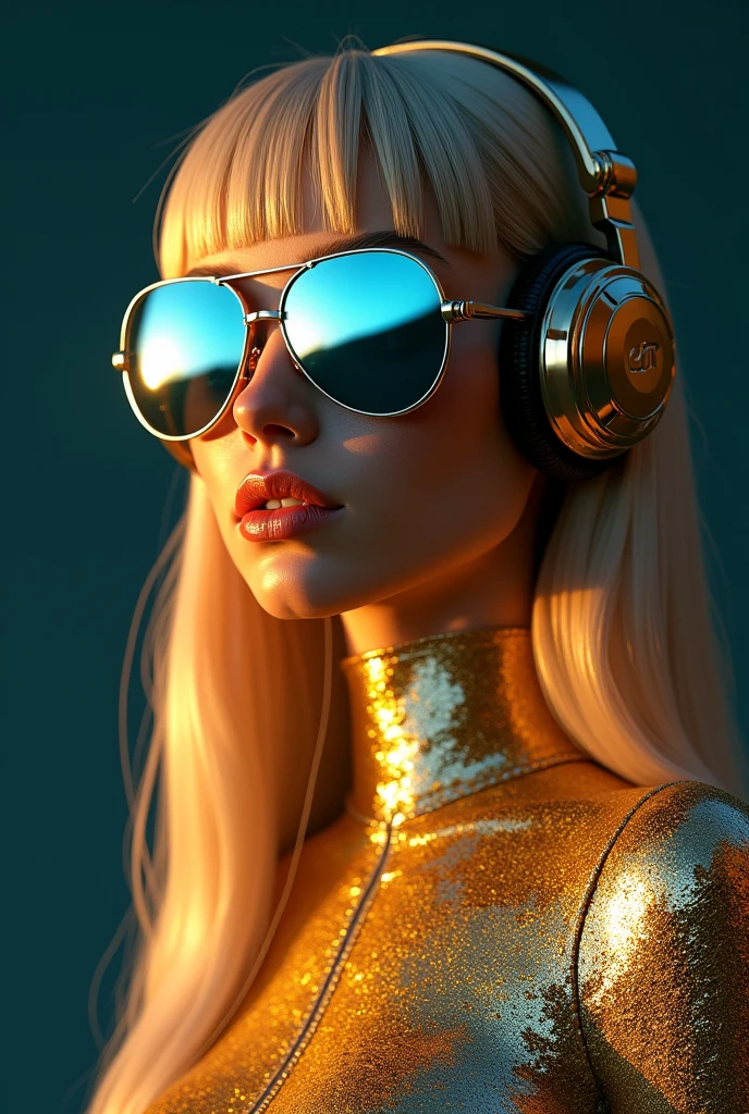 Photorealistic portrait of a stylish young woman wearing a futuristic golden sequined bodysuit that catches the light, creating a metallic, mirror-like effect. She has long, straight blonde hair with bangs framing her face, and is wearing large, reflective blue-tinted aviator sunglasses. Over her head, she wears oversized, high-tech headphones with metallic accents, giving a modern, cyber aesthetic. The background is a solid dark color, enhancing the glow and reflective quality of her outfit. Her expression is calm and confident, radiating a cool, futuristic vibe mythp0rt DB4RZ, glow effects, godrays, Hand drawn, render, 8k, octane render, cinema 4d, blender, dark, atmospheric 4k ultra detailed, cinematic, Sharp focus, big depth of field, Masterpiece, colors, 3d octane render, 4k, concept art, trending on artstation, hyperrealistic, Vivid colors, extremely detailed CG unity 8k wallpaper, trending on CGSociety, Intricate, High Detail, dramatic ., intricate, detailed . magnificent, celestial, ethereal, painterly, epic, majestic, magical, fantasy art, cover art, dreamy . shallow depth of field, vignette, highly detailed, high budget, bokeh, cinemascope, moody, epic, gorgeous, film grain, grainy . award-winning, professional, highly detailed . faded film, desaturated, 35mm photo, grainy, vignette, vintage, Kodachrome, Lomography, stained, highly detailed, found footage
