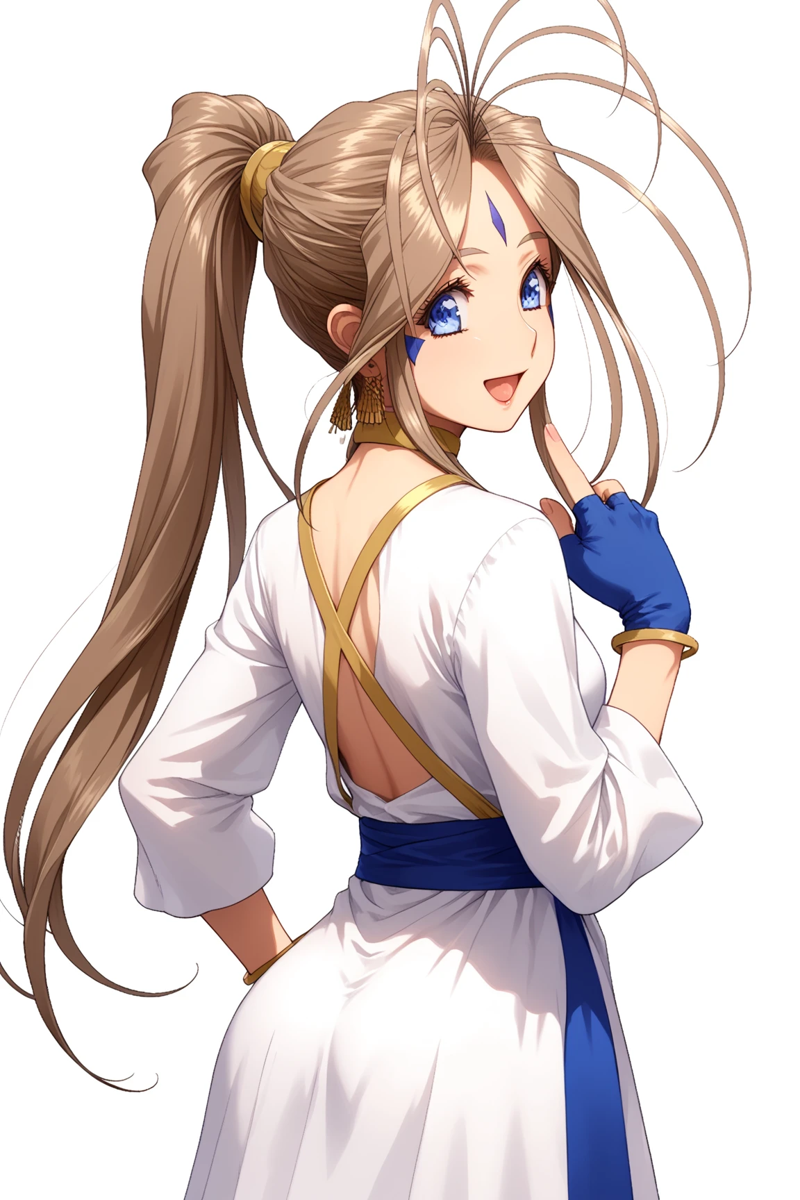 sfw, 1goddess, solo, (priestess, priestess short-neck dress), (short-neck), long sleeves, ((Blue Trimmed Dresses, Blue-Trim)), shiny, shiny white skin, (closed front clothes:1.6), calm smile, open mouth, open palm, BREAK, Lovebell-SDXL, Belldandy, long ponytail, brown hair, blue eyes, gold choker, ((fingerless blue short_gloves)), bracelet, earring, wedding_silver_ring on ringfinger, gold anklet, (elegant mature woman), safety, tranquility, BREAK, from behind, looking back, hand on hip, BREAK, (masterpiece:1.2), (best quality), (ultra detailed), (realistic), portrait, dramatic lighting, ((sharp focus, sharp detail)), score_9, score_8_up, score_7_up, score_anime, detailed eyes, detailed eyelashes, extremely detailed face, sharp detailed lips, beautiful detailed hand, BREAK, cowboy shot, standing, from front, 