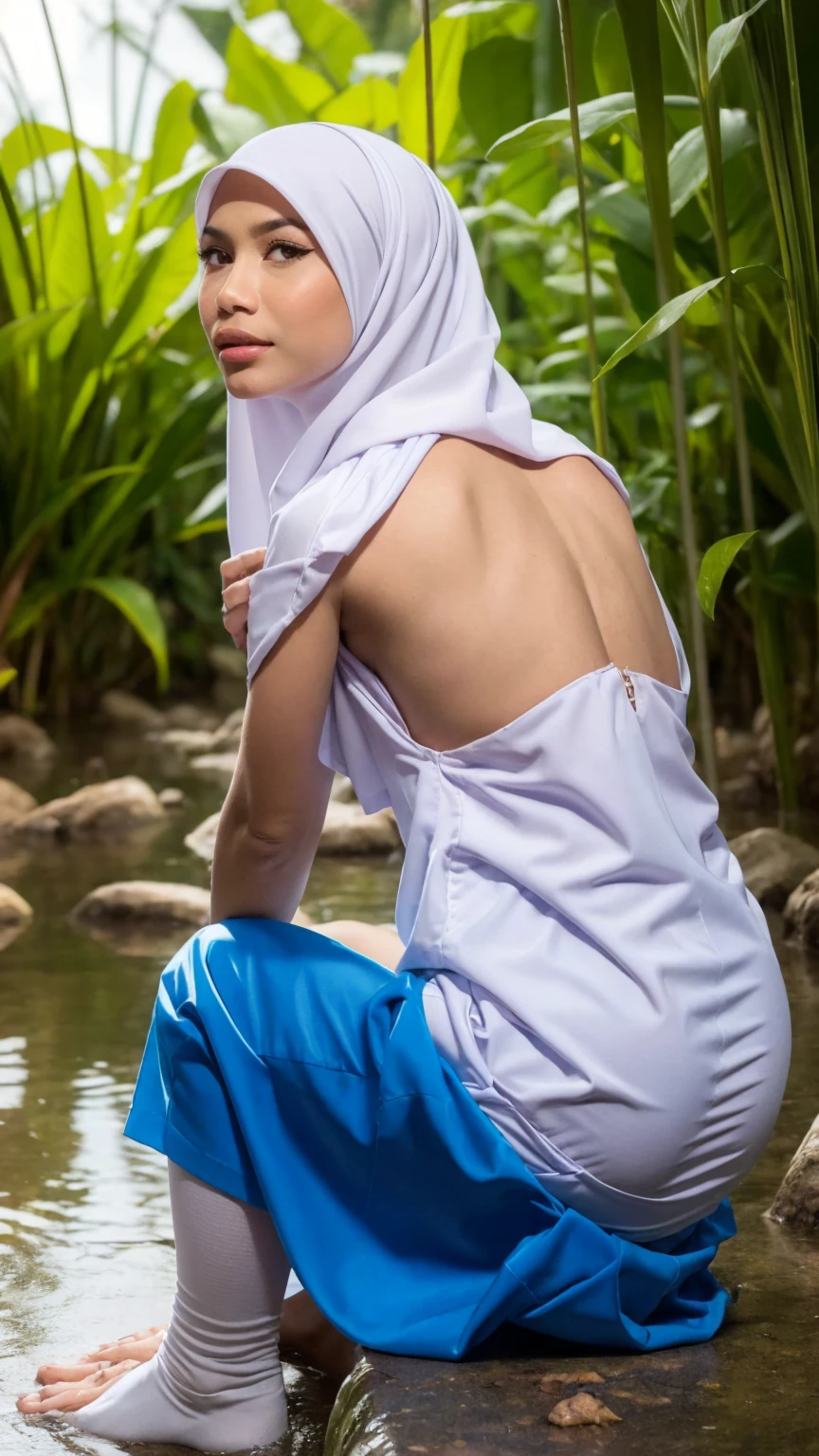 1 malay woman in hijab named imantroye, ((wear tight white baju kurung, blue micro skirt, short microskirt, miniskirt, thigh high socks)), (big buttocks), (((backless crouching pose:1.4))) in a jungle river, pov from above, back view pose, tight, pear body shaped, small breast, reeds, (backlight), realistic, masterpiece, high quality, lens reflection, shadow, flower, [[chromatic aberration]], by Jeremy Lipking, by Antonio J. Manzanedo,