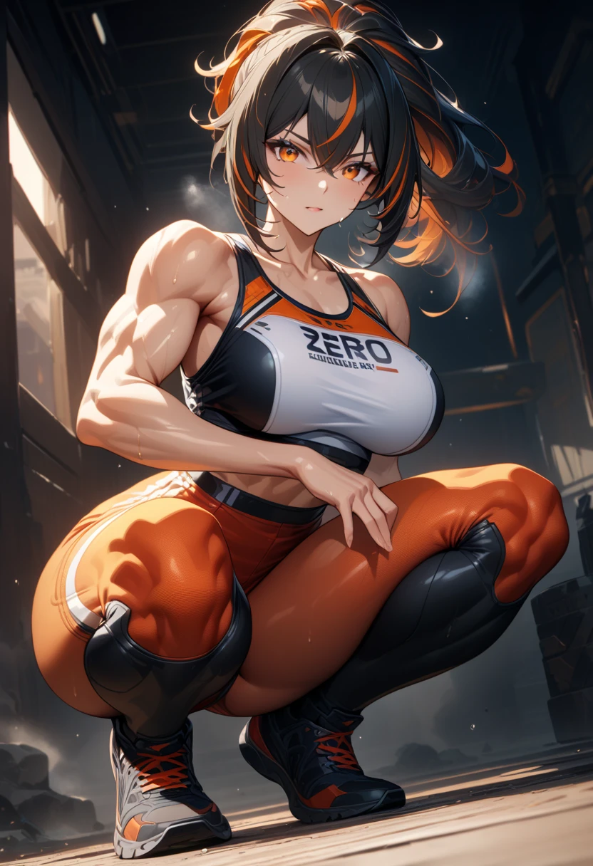 masterpiece,best quality,high resolution,8k,ultra HD,wallpaper,illustration,perfect face,cowboy shot,beautiful detailed eyes,extremely detailed face,perfect lighting,extremely detailed CG,perfect anatomy,perfect body,perfect hands,perfect fingers,1woman,full body,,muscle fighter body,(black long ponytail hair with orange mesh lines hair:1.2),orange eyes,large breasts,Medium ass,,(white school sports shirt),red short sports bloomers pants,,clothed,,collarbone,,looking at viewer,(squat),Steam,sweat, Japanese yakata,(Zenless Zone Zero character Zhu Yuan),adult,