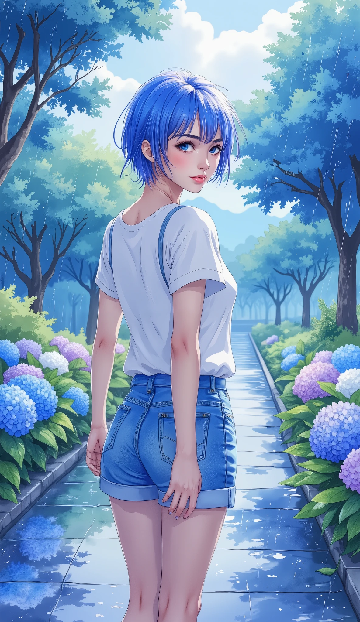 (masterpiece), ( best quality), ( super detailed), (Illustration),1 female,The theme is a woman walking in the rain, Japanese, beautiful eyes, short bob, blue hair , casual outfits, beautiful gradation ,(Women are wet in the rain:1.6),(Beautiful hydrangea road :1.6),( blue based design ),( back view),( women turn around here:2.0),(rain:1.6),( depth of writing:1.6),(dynamic),( face up:2.0),( beautiful face:2.0),( beautiful eyes:2.0), anime artwork, Flat Color ,80s anime style