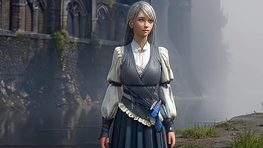 A girl with expressive eyes with a beautiful face, Detailed face, plain in formal clothes dressed in gray clothes ,  visible chest, body, legs .  Expressionless eyes ,  grey hair ,  simple clothes art 3d around gray fog against the gray walls of the castle around floating graphics numbers full-length digital background