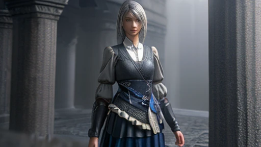 A girl with expressive eyes with a beautiful face, Detailed face, plain in formal clothes dressed in gray clothes ,  visible chest, body, legs .  Expressionless eyes ,  grey hair ,  simple clothes art 3d around gray fog against the gray walls of the castle around floating graphics numbers full-length digital background