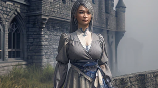 A girl with expressive eyes with a beautiful face, Detailed face, plain in formal clothes dressed in gray clothes ,  visible chest, body, legs .  Expressionless eyes ,  grey hair ,  simple clothes art 3d around gray fog against the gray walls of the castle around floating graphics numbers full-length digital background