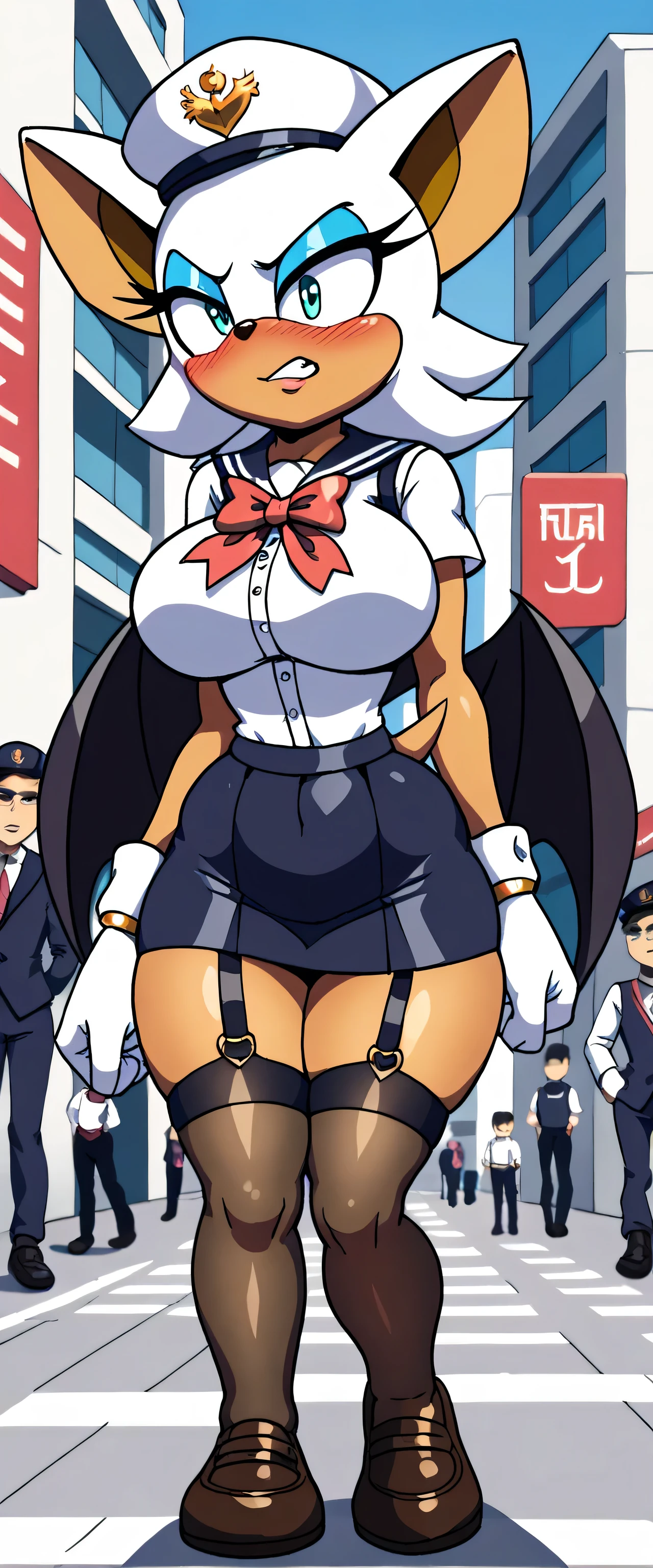 Rouge the bat,angry look, blushing,schoolgirl vest, sailor hat , long hair ,,schoolgirl skirt,blue eyes, black stockings with straps,,  black gloves , small hips , large breasts,small hip,  Big Thighs,   walking on the street ,a lot of buildings in the background, at sunset  