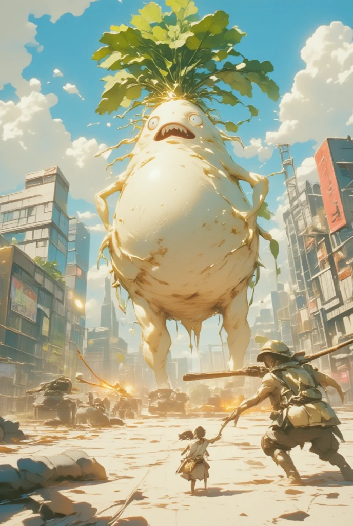 Create a futuristic sci-fi themed poster featuring a "super cute DAIKON character" envisioned as a defender of the galaxy. This Japanese white radish has sleek, metallic limbs that shine with a hint of neon, signifying advanced technology. The daikon's face is both endearing and heroic, with holographic features displaying data in a visually striking manner. In the background, a sprawling cityscape with towering skyscrapers and flying vehicles suggests an advanced civilization. The palette consists of cool blues, deep purples, and flashes of bright neon. The poster's style draws inspiration from classic sci-fi movies, with intricate mechanical details and a sense of movement. The title, "DAIKON: Guardian of the Cosmos," is rendered in a futuristic font, with glowing accents that give a sense of urgency and adventure.