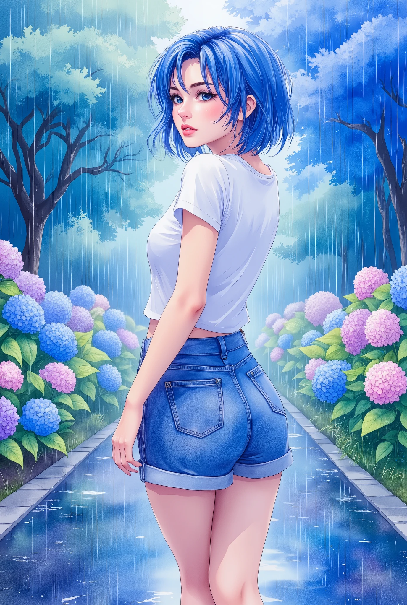 (masterpiece), ( best quality), ( super detailed), (Illustration),1 female,テーマはrainの中を歩く女性, Japanese, beautiful eyes, short bob, blue hair , casual outfits, beautiful gradation ,(女性はrainに濡れている:1.6),(Beautiful hydrangea road :1.6),( blue based design ),( back view),( women turn around here:2.0),(rain:1.6),( depth of writing:1.6),(dynamic),( face up:2.0),( beautiful face:2.0),( beautiful eyes:2.0), anime artwork, Flat Color ,80s anime style