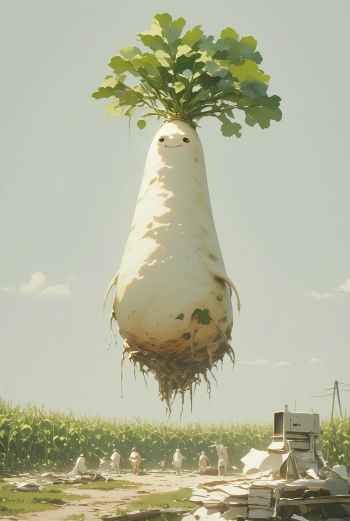 Create a futuristic sci-fi themed poster featuring a "super cute DAIKON character" envisioned as a defender of the galaxy. This Japanese white radish has sleek, metallic limbs that shine with a hint of neon, signifying advanced technology. The daikon's face is both endearing and heroic, with holographic features displaying data in a visually striking manner. In the background, a sprawling cityscape with towering skyscrapers and flying vehicles suggests an advanced civilization. The palette consists of cool blues, deep purples, and flashes of bright neon. The poster's style draws inspiration from classic sci-fi movies, with intricate mechanical details and a sense of movement. The title, "DAIKON: Guardian of the Cosmos," is rendered in a futuristic font, with glowing accents that give a sense of urgency and adventure.