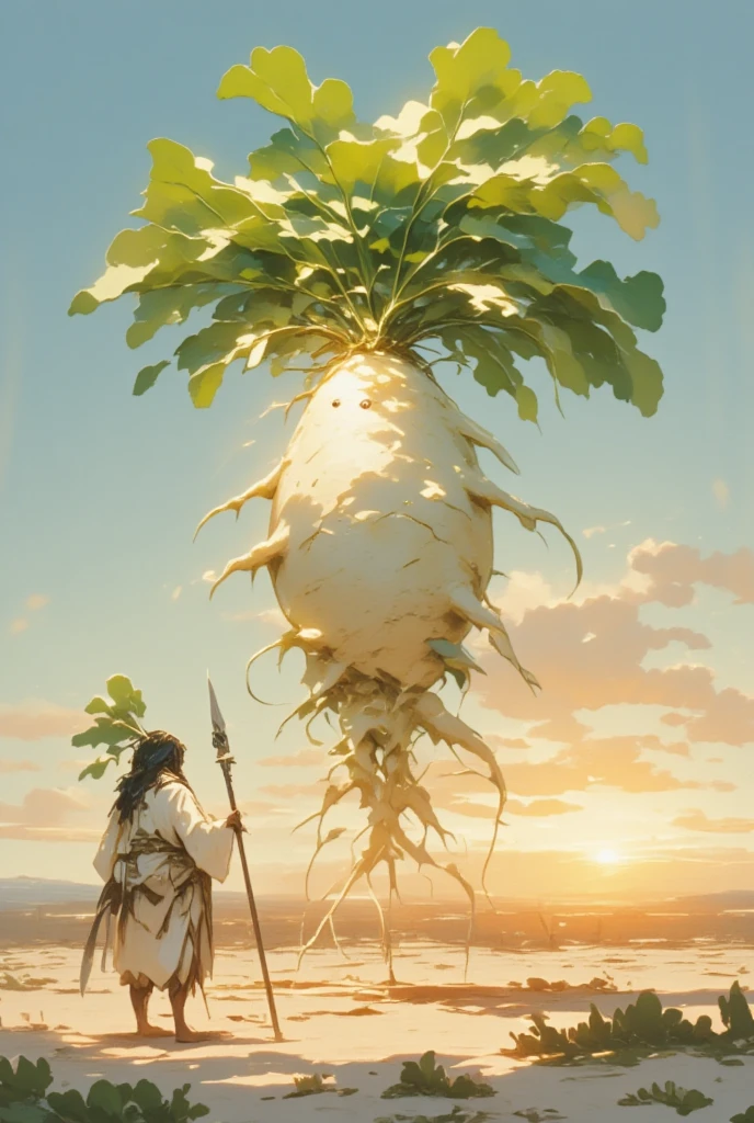 Create a futuristic sci-fi themed poster featuring a "super cute DAIKON character" envisioned as a defender of the galaxy. This Japanese white radish has sleek, metallic limbs that shine with a hint of neon, signifying advanced technology. The daikon's face is both endearing and heroic, with holographic features displaying data in a visually striking manner. In the background, a sprawling cityscape with towering skyscrapers and flying vehicles suggests an advanced civilization. The palette consists of cool blues, deep purples, and flashes of bright neon. The poster's style draws inspiration from classic sci-fi movies, with intricate mechanical details and a sense of movement. The title, "DAIKON: Guardian of the Cosmos," is rendered in a futuristic font, with glowing accents that give a sense of urgency and adventure.