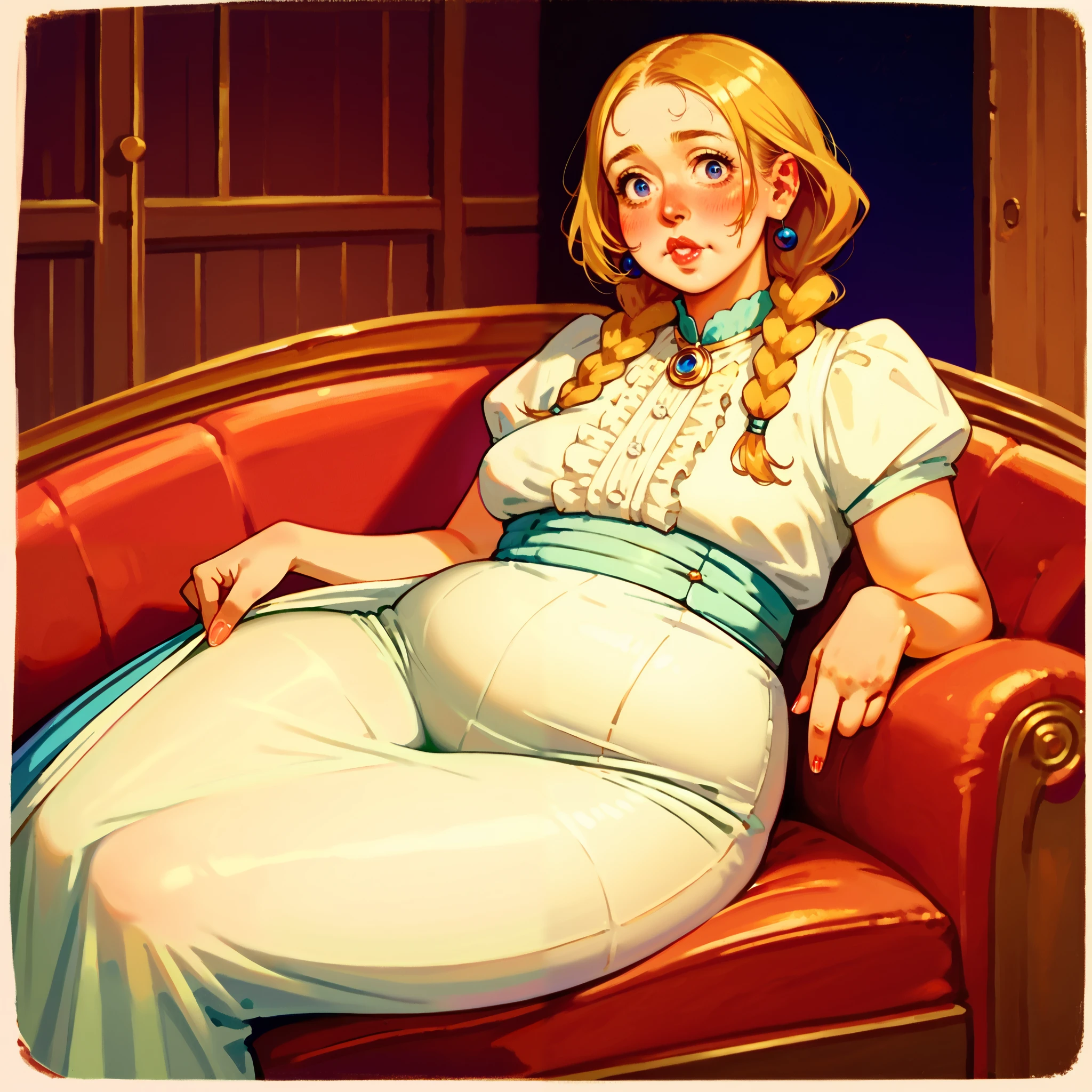 (skinny girl:1.2), (long elegant face:1.4), (large nose:1.2), (very detailed face expression:1.2), blonde braids, small head, white vest, green compression shorts, at a wooden cozy mansion, lounging on a devan, narrow hips, tight thigh high socks, large puffy lips, blushing cheeks , saggy breasts,  small (belly overhang:0.9), bare feet, (art by norman rockwell)