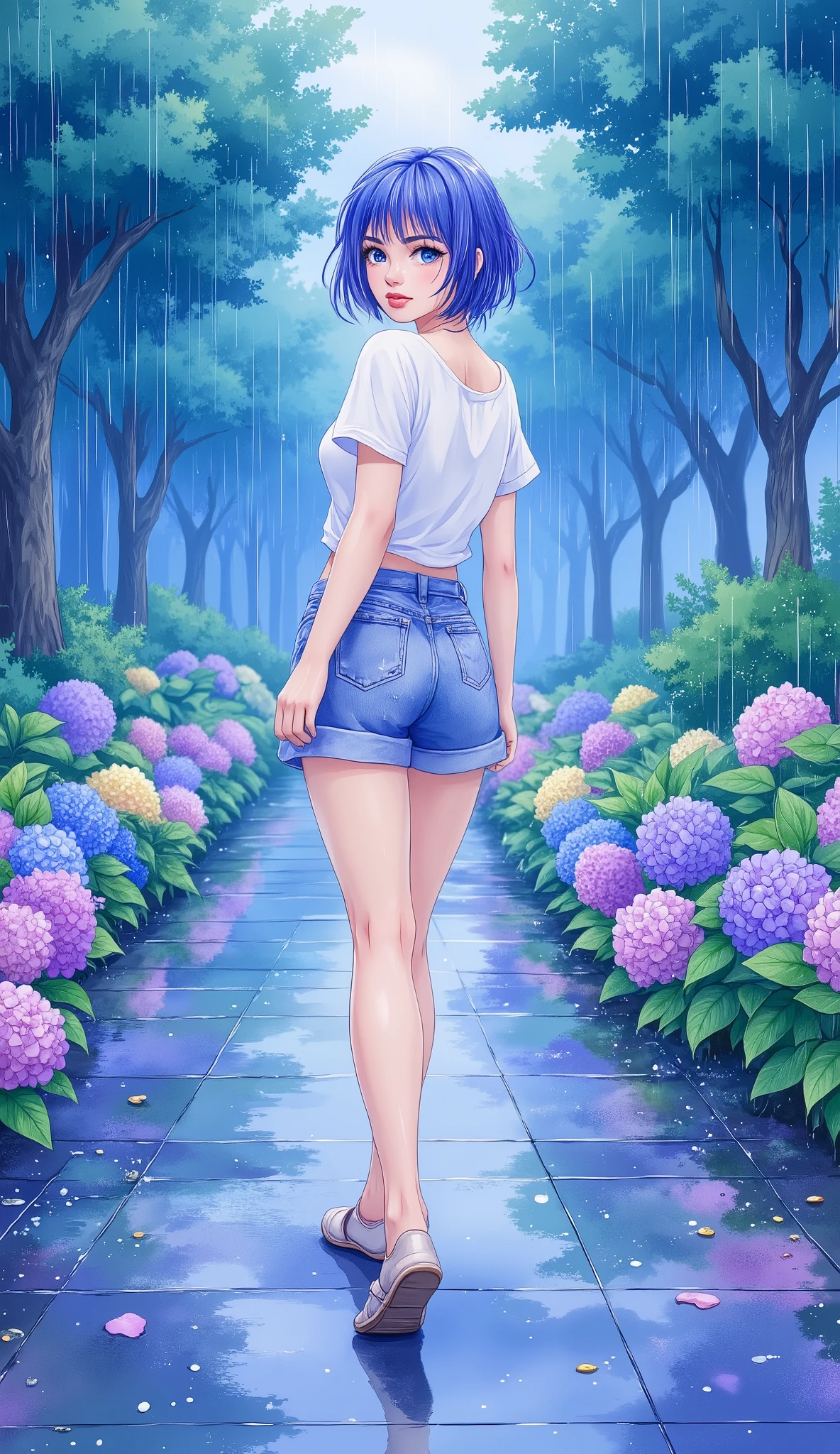 (masterpiece), ( best quality), ( super detailed), (Illustration),1 female,テーマはrainの中を歩く女性, Japanese, beautiful eyes, short bob, blue hair , casual outfits, beautiful gradation ,(女性はrainに濡れている:1.6),(Beautiful hydrangea road :1.6),( blue based design ),( back view),( women turn around here:2.0),(rain:1.6),( depth of writing:1.6),(dynamic),( face up:2.0),( beautiful face:2.0),( beautiful eyes:2.0), anime artwork, Flat Color ,80s anime style