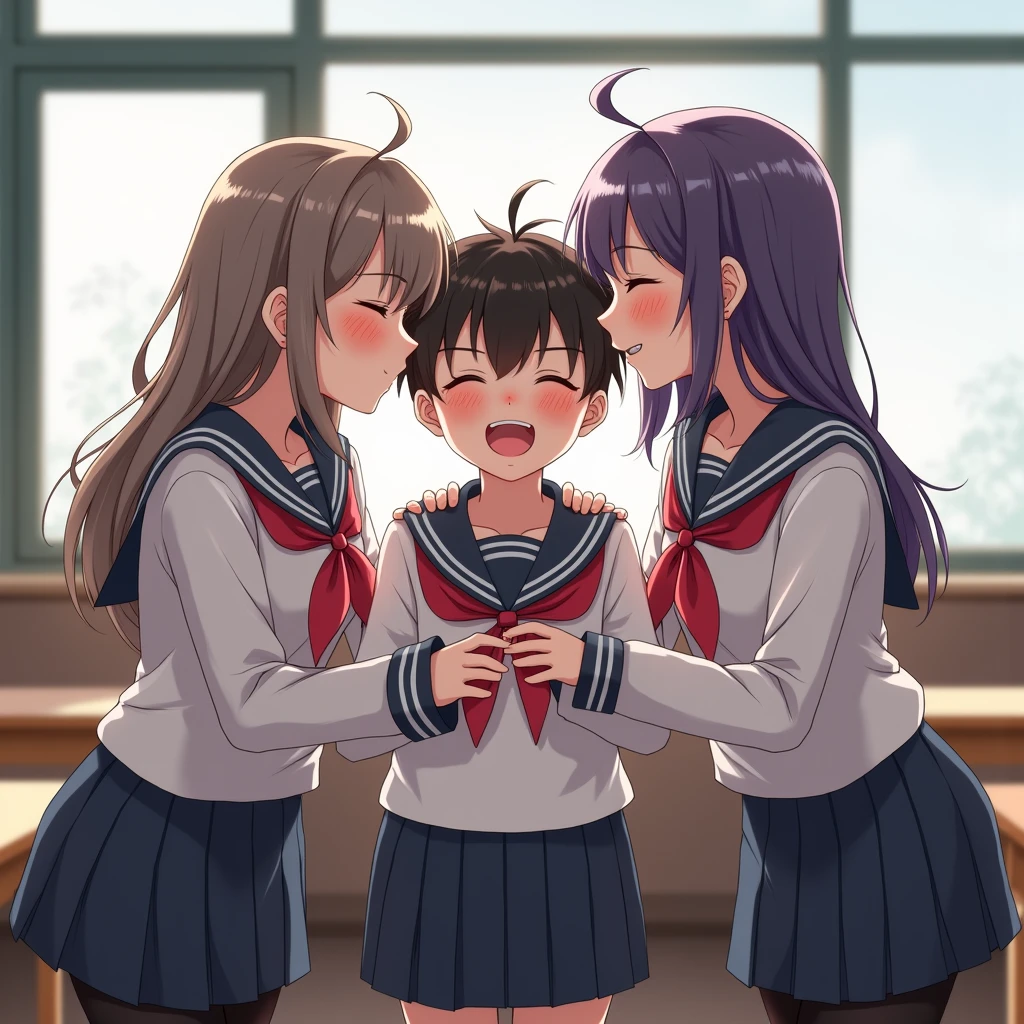 nudist female teacher、((A lot of aggressive elementary school boys hugging each other))、Laughter and joy、in group photograph、teepee、intense curiosity