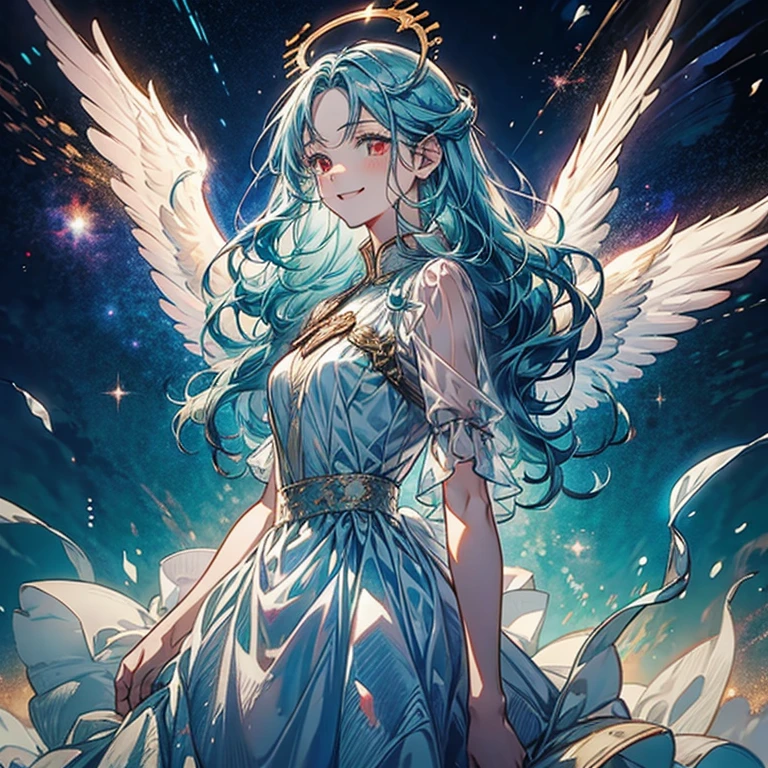 woman,  I have teal hair  , red eyes, smile,  angel wings , Golden halo,  white dress,   standing upright  , In space, Milky Way in the background, Distant Star,  upper body