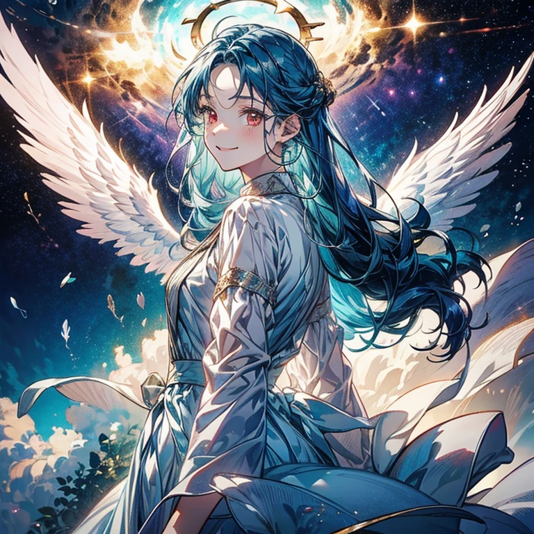 woman,  I have teal hair  , red eyes, smile,  angel wings , Golden halo,  white dress,   standing upright  , In space, Milky Way in the background, Distant Star,  upper body