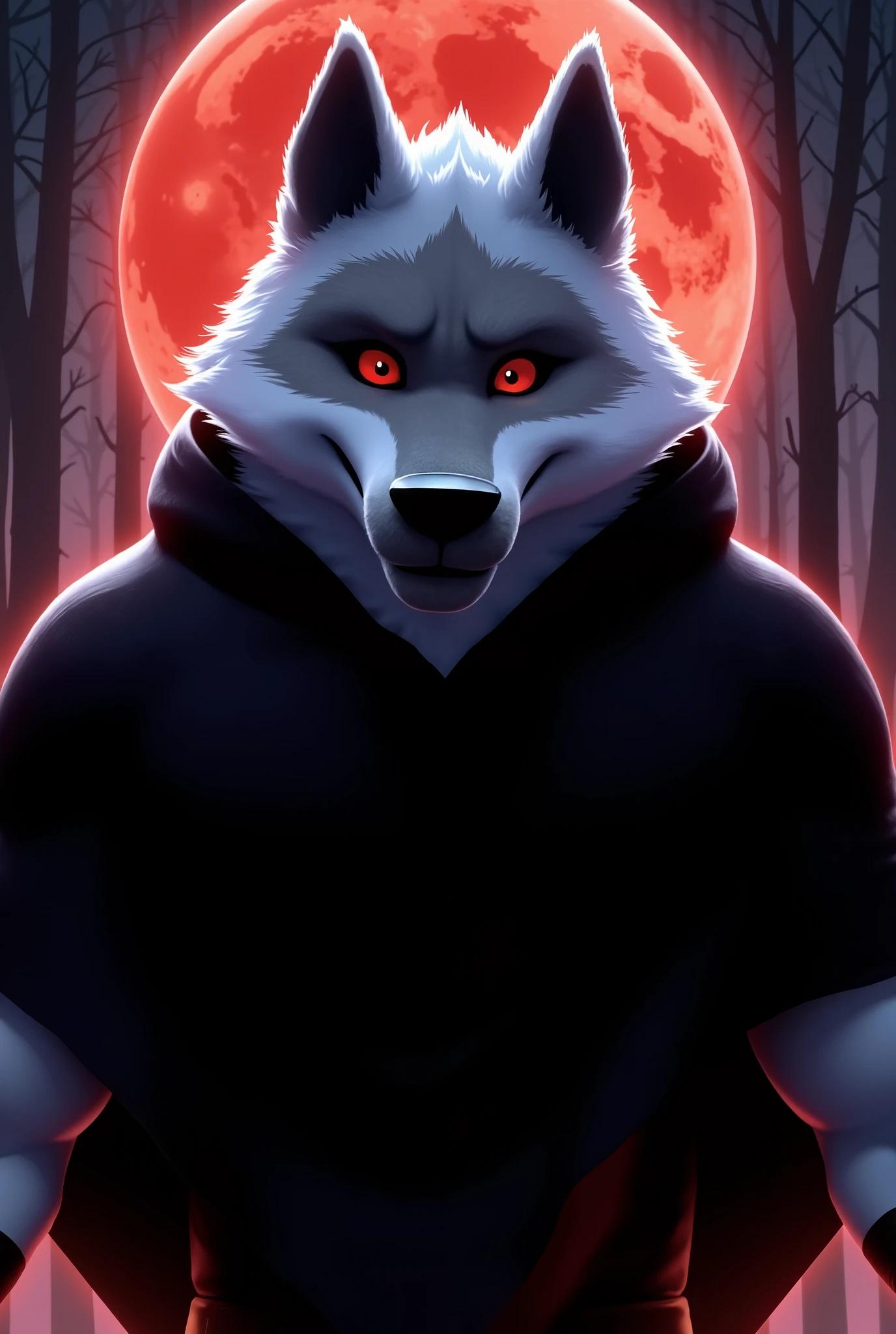 best quality, ultra high res,1furry boy， solo，detailed eyes, volumetric lighting, amazing, finely detail, , black cloak  , white fur, red eyes, black sclera, bright pupils, bright atmosphere, muscular, upper body, full moon , red moon , (blood moon), woods in background, night