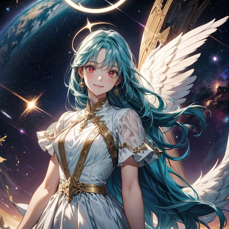 woman,  I have teal hair  , red eyes, smile,  angel wings , Golden halo,  white dress,   standing upright  , In space, Milky Way in the background, Distant Star,  upper body