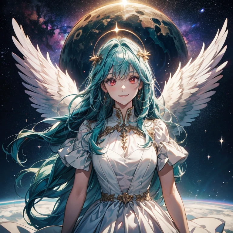 woman,  I have teal hair  , red eyes, smile,  angel wings , Golden halo,  white dress,   standing upright  , In space, Milky Way in the background, Distant Star,  upper body