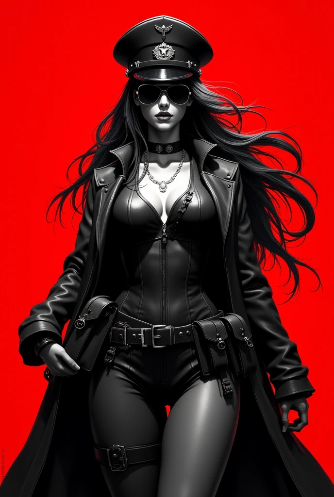 Highly detailed and dramatic digital artwork featuring a striking and dynamic style, featuring a monochromatic color scheme with bold red accents. The layout is vertical, focusing on a single subject: a sexy female character with long, flowing hair and a confident stance. The character wears a form fitting military-style uniform, including a peaked cap adorned with an emblem, a long coat, and a belt with pouches. The uniform is detailed with buttons and straps, rendered in shades of black and gray. The character's face is partially obscured by aviator sunglasses, adding a sense of mystery. The background is a vivid red, enhancing the dramatic effect of the image. The overall composition conveys a sense of power and authority, with the red background suggesting intensity and energy.
