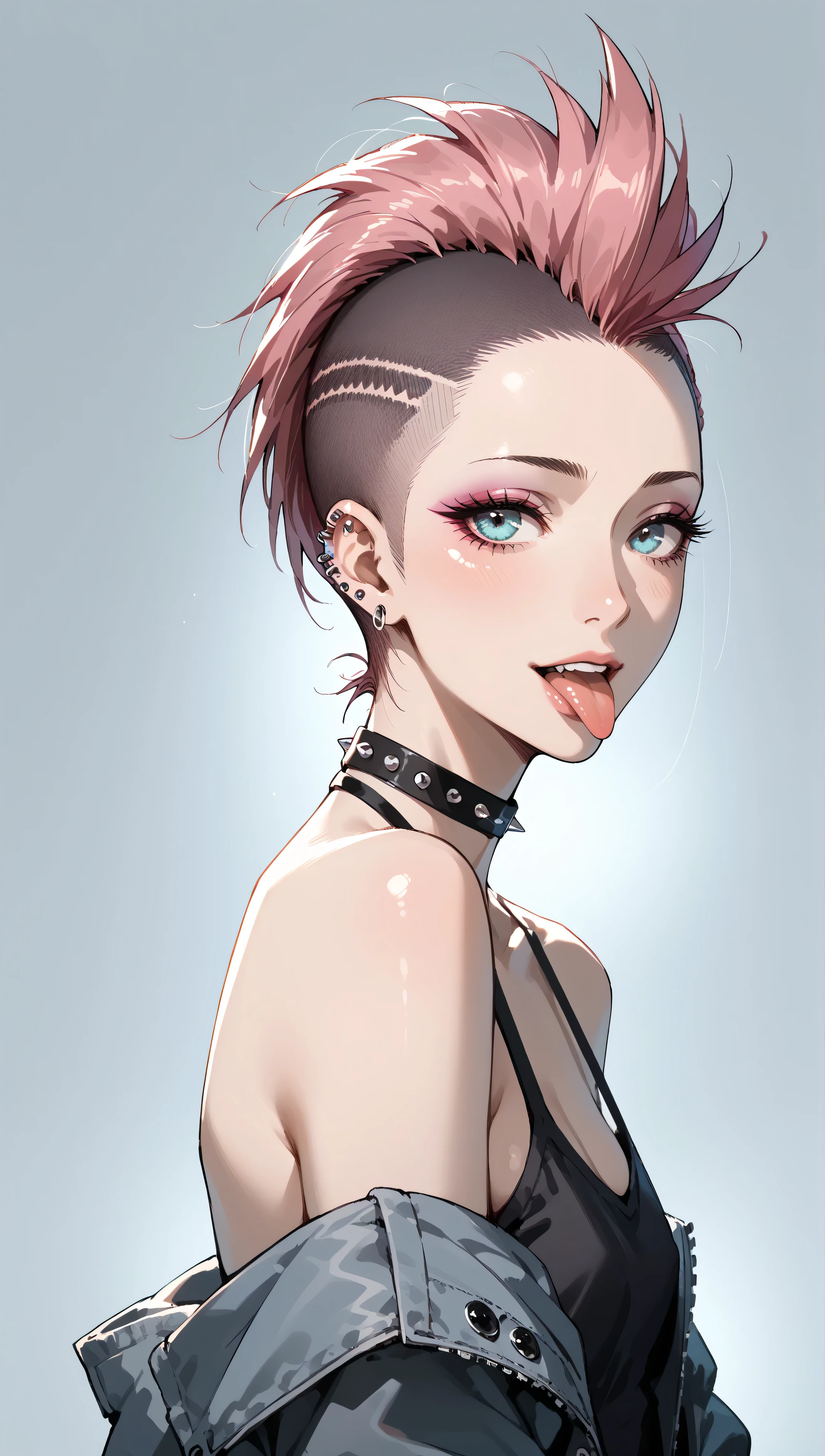 a detailed photograph of a young japanese woman with an extravagant pink Mohawk, bratty, sticking out tongue, punk rock, extremely realistic, muted colors, soft lighting, 8k, hi-res, small breasts,