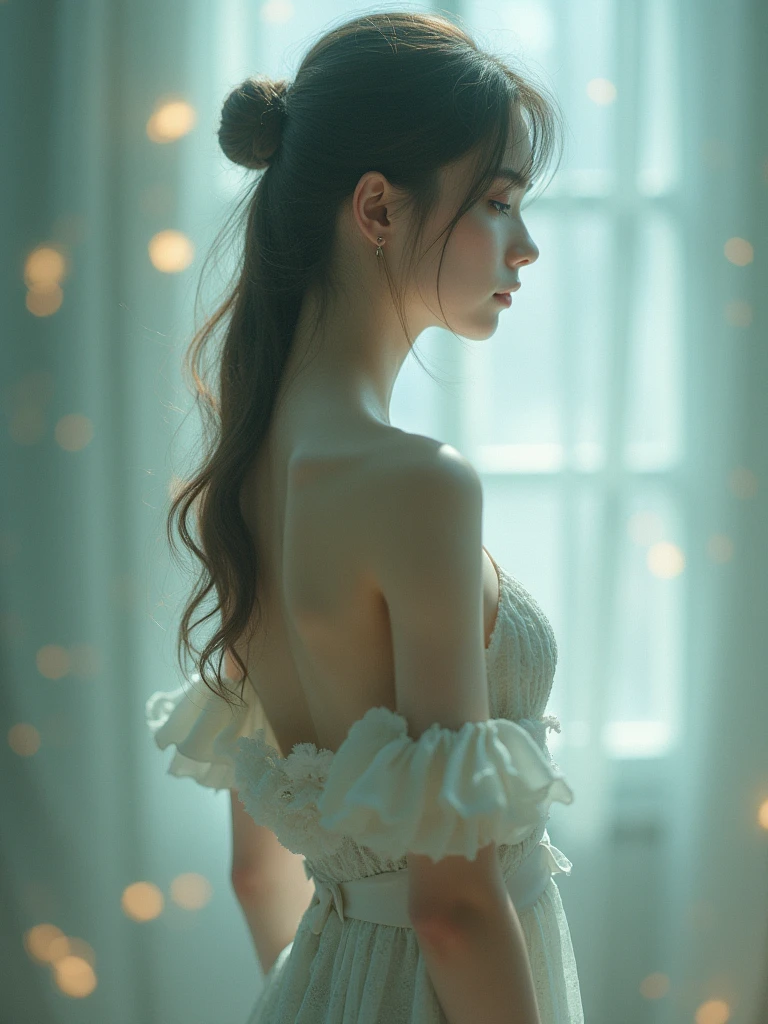 Cara Delevingne de cuerpo entero- piernas estilizadas y elegantes-Vestido oriental tradicional con seda fluida y transparente. 64k , ４ｋ、８ｋ、Raw photography、La mejor calidad、(cabello rizado en trenzas negras y largas、bien１)、high resolusion、Fotos de alta calidad、intrincado、(breast exposure、Cleavage small breasts)、pensive expression、Melancholy、(Con un vestido blanco y ultra corto、Ranura a un lado)、Tiros traseros、view from back.
