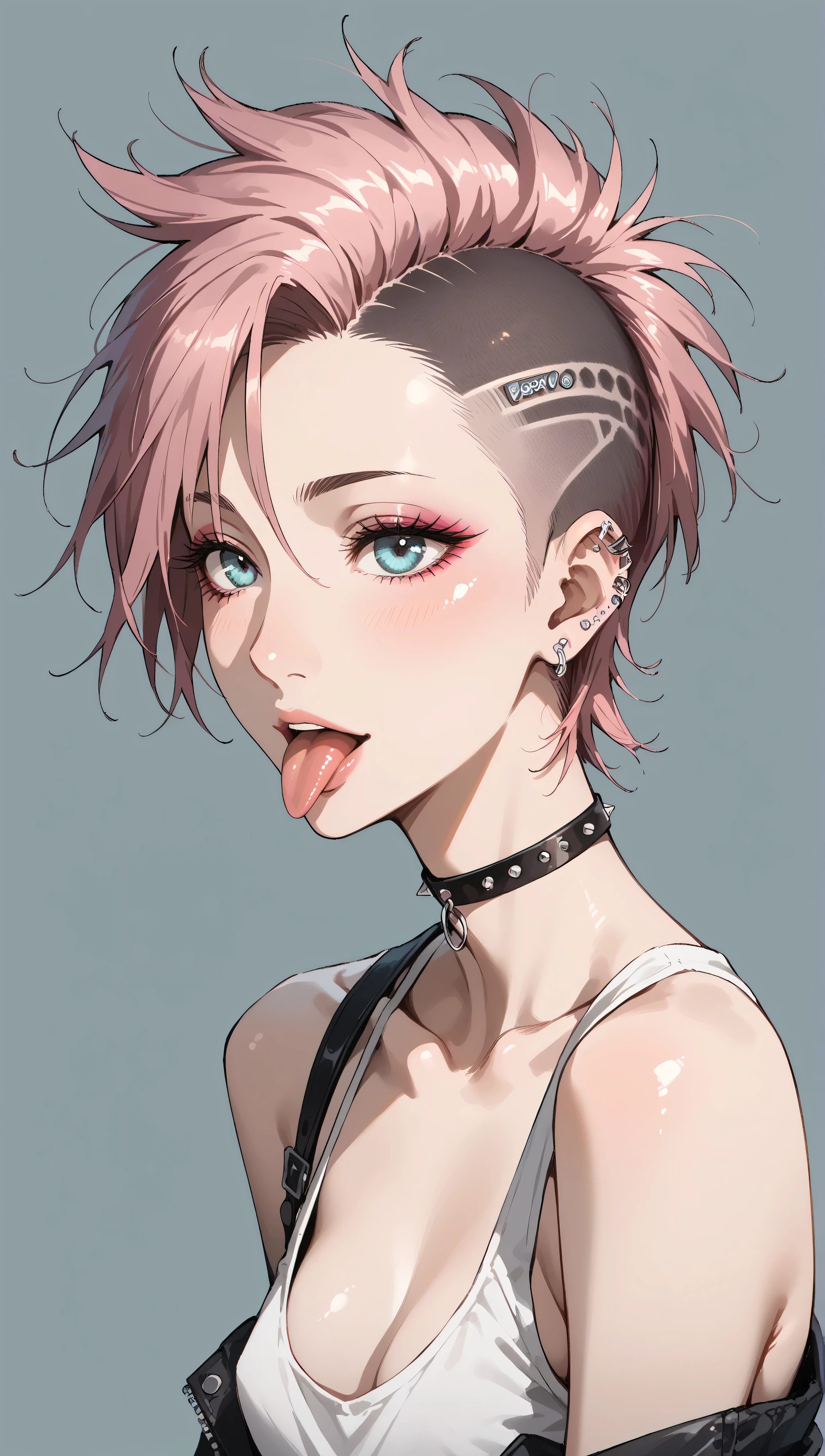 a detailed photograph of a young japanese woman with an extravagant pink Mohawk, bratty, sticking out tongue, punk rock, extremely realistic, muted colors, soft lighting, 8k, hi-res, small breasts,